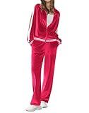 Ekouaer Women's Velvet Velor Tracksuits 2 Piece Lounge Outfits Zip Up Sweatshirt and Sweatpants with Pockets S-3XL(Rose Red,XX-Large)