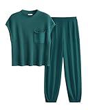 PRETTYGARDEN Women's 2 Piece Outfits Sweater Sets Knit Pullover Tops And High Waisted Pants Matching Tracksuit Sweatsuit Set (Blue Green,Large)