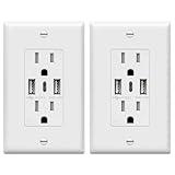 TOPGREENER USB Outlet, 3-Port Type C 3.6A 18W Wall Outlet, 15 Amp Receptacle, Charging Power Outlet with USB Ports, Compatible with iPhone 15 Series & More, UL Listed, TU21536AC3-2PCS, White, 2 Pack