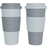 Copco Acadia 16oz Travel Mug with Lid, Set of 2 Double Wall Insulated Tumbler, Non-Slip Sleeve and BPA-Free - Microwave & Dishwasher Safe, Reusable Plastic To Go Travel Coffee Mug (Aqua/Gray)