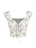 CIDER Floral Zipper Knotted Crop Top: Beige, S