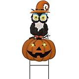 TERESA'S COLLECTIONS Solar Halloween Decorations for Outdoor, Cute Owl Jack O Lantern Pumkin Metal Stake for Halloween Party Decor, Orange Yard Sign for Lawn Patio,26"