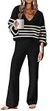 ETCYY NEW Womens 2 Piece Outfits Sweater Lounge Set Casual V Neck Knit Pajama Set Long Sleeve Top Wide Leg Pants Loungewear