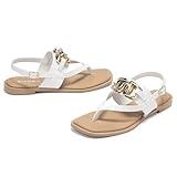 FITORY Womens Flat Adjustable Strap Sandals With Casual Fashion Slides and Flip Flops Split Toes Style for Lady Summer White Size 10