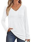 AUTOMET Womens Long Sleeve V Neck Shirts Plus Size Casual Tops Loose Dressy Basic Fall Fashion Trendy Outfits Winter Clothes 2024 Teacher Travel Tees White XL