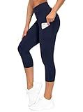 THE GYM PEOPLE Thick High Waist Capris Yoga Pants with Pockets, Tummy Control Workout Running Yoga Leggings for Women Navy Blue