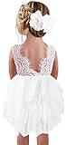 2Bunnies Girl Beaded Peony Lace Back A-Line Tiered Tutu Tulle Flower Girl Dress (White Short Sleeveless, 12M)