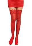 Dreamgirl Women's Sheer Thigh High Pantyhose, Hosiery, Nylons, Stockings with Comfort Lace Top Anti-Slip Silicone Elastic Band, Red, One Size