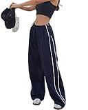 Women Loose Fit Cargo Trousers Elastic Low Waist Baggy Wide Leg Parachute Pants Y2K Clothing Navy L