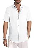 JMIERR Men's Summer Casual Stylish Short Sleeve Button-Down Shirts Cotton Linen Solid Color Business Dress Shirts Chambray Beach Shirt, M, White