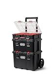 Keter Stack-n-Roll Modular Tools Organizer for Garage Storage and DIY, 3 Piece Resin Rolling Tool Box System for Small Parts, Black