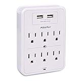 POWRUI Surge Protector, USB Wall Charger with 2 USB Charging Ports(Smart 2.4A Total), 6-Outlet Extender and Top Phone Holder for Your Cell Phone, White, ETL Listed