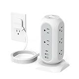 Tower Power Strip Flat Plug with 11 Outlets 3 USB (1 USB C), TESSAN Surge Protector Tower 1625W/13A,1050J Protection, 6 Feet Extension Cord with Multiple Outlets, Office Desk Supplies, Dorm Essentials