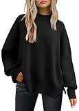 LILLUSORY Women's Oversized Batwing Sweaters 2024 Fall Outfits Crewneck Ribbed Knit Side Slit Trendy Pullover Tops Black XL