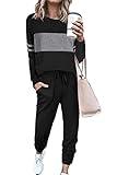 PRETTYGARDEN Women's Color Block 2 Piece Tracksuit Crewneck Long Sleeve Tops Long Sweatpants Outfits Lounge Sets(Black,X-Large)