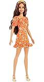 Barbie Fashionistas Doll #182 with Long Wavy Brunette Hair, Orange Floral Print Dress & Accessories Including Headband & Heels