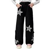 Milokado Kids Girls Washed Elastic Waist Star Print Straight Wide Leg Jeans Kids Clothes Size 4-14 Years (Black Star,10-11 Years)