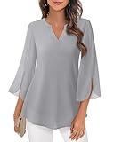 Timeson Womens Blouses for Work Professional,Dress Shirts for Women Business Casual 3/4 Sleeve Chiffon Tunics Tops Office Wear Ladies V Neck Dressy Tops Plus Size Interview Outfits Spring Summer Gray