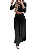 BTFBM Women's Two Piece Lounge Set Long Sleeve Bodycon Ribbed Knit Crop Top Loose Wide Leg Pant Casual Outfits Sweatsuit(Solid Black, Large)