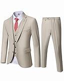 Hihawk Men's 3 Piece Suit with Stretch Fabric, Solid Slim Fit Two Button Suit Blazer Set, Jacket Vest Pants with Tie. Beige X-Large