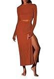 Pink Queen 2 Piece Sweater Sets for Women Crop Top High Waist Bodycon Pleated Midi Dresses Holiday Outfits Brown S