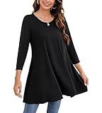 ENMAIN Womens Tunic Tops Plus Size Loose Fit 3/4 Sleeve Flare T Shirt Dressy Casual Ladies Blouse Swing Crewneck Holiday Fall Tunics for Leggings Black