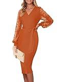 MEROKEETY Sweater Dress for Women 2024 Bishop Sleeve V Neck Semi Formal Business Work Pencil Dresses, Rust, Large