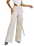 Lpecmin Women Cargo Pants Baggy Elastic High Waisted Casual Wide Leg Pants Y2K Trousers with Pockets(Beige, Large)