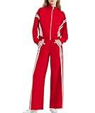 Casly Lamiit Women's Athletic Clothing Sets 2 Piece Outfits Dressy 2-Stripes Mock Neck Sweatshirt Wide Leg Pants Sweatsuit Going Out Lounge Sets Airport Outfits Red S