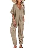 Nirovien Women's Solid Color V Neck Jumpsuits Half Sleeve Long Rompers Beam Foot Baggy Overalls Pants(Khaki,M)