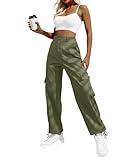 Women Wide Leg Cargo Pants High Waisted Straight Long Trousers Army Green