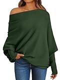 LILLUSORY Womens Batwing Oversized Sweaters Assymetrical Off The Shoulder Boat Neck Wrap Tunic Tops Fall Fashion Cloth Outfit Army Green Large