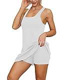 Aurgelmir Womens 2-in-1 Exercise Dresses with Built-in Shorts Workout Athletic Active Golf Tennis Dress White