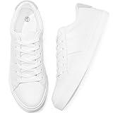 Adokoo Women's Fashion Sneakers PU Leather Casual Shoes White Tennis Low Top Shoes Womens Lace Up Sneakers(White,US8)