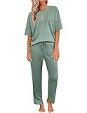 JiniGolla Women's Pajama Set Waffle Knit Lounge Set Short Sleeve Pj Set with Pants Light Green L