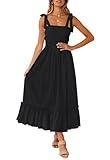 ZESICA Women's 2024 Summer Boho Spaghetti Strap Square Neck Solid Color Ruffle A Line Beach Long Maxi Dress,Black,Large