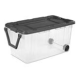 Sterilite 160 Quart Plastic Stacker Box, Lidded Storage Bin Container for Home and Garage Organizing, Shoes, Tools, Clear Base & Gray Lid, 4-Pack