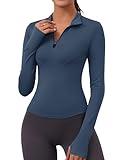 Womens Fall Workout Tops 2024 Long Sleeve Slim Crop Top 1/4 Quarter Zip Pullover Yoga Athletic Golf Shirt(Grey Blue,Small)