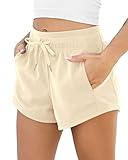 ODODOS Women's Sweat Shorts with Pockets Cotton French Terry Drawstring Summer Workout Casual Lounge Shorts, Beige, Small