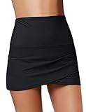 GRAPENT Women's High Waist Tulip Hem Shirring Swim Skirt Swimsuit Bikini Bottom Black Size L