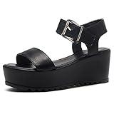 Herstyle Carita Womens Platform Sandals Open Toe Ankle Strap Flatform Wedge Casual Sandal Black White Chunky Platform Sandals Comfortable Lightweight Lug Sole Wedges for Summer, Black, Size 8.0