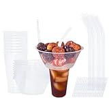 Disposable Snack and Drink Cup - Drink and Snack Cup in One, Stadium Tumbler Cups with Bowl on Top, Includes 10 Cups, 10 Bowls, 10 Straws, 20 Forks