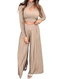 BTFBM Women's 2 Piece Tracksuit Outfits Cutout Long Sleeve Crop Top Wide Leg Pant Ribbed Knit Sweatsuits Yoga Lounge Set(Solid Khaki, Small)