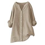 Summer Linen Tops for Women 2024 Vacation Trendy V Neck Long Sleeve Shirts Casual Button Up Tunic Clothes Customer Service Chat Online Now Khaki M