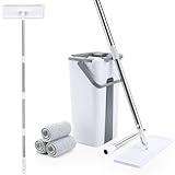 Mop and Bucket with Wringer Set for Home, Flat Mops Floor Cleaning System with 3 Washable Microfiber Pads, 2-in-1 Bucket Separate Dirty and Clean Water, 27-48.5 in Adjustable Long Handle