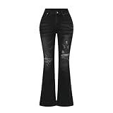 THUNDER STAR Womens Stretchy Mid Rise Flare Jeans Distressed Denim Bell Bottom Pants Black US 4