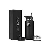 IRON °FLASK Camping & Hiking Hydration Flask, Wide Mouth, 3 Straw Lids, Stainless Steel Outdoor Water Bottle, Double Walled, Insulated Thermos, Metal Canteen - Midnight Black, 32 Oz