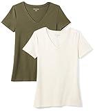 Amazon Essentials Women's Classic-Fit Short-Sleeve V-Neck T-Shirt, Pack of 2, Olive/Oatmeal Heather, Medium