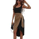 SheIn Women's Wrap Tie Side Scoop Neck Bodycon Midi Dress Sleeveless Asymmetrical Tank Dresses Black and Khaki Small