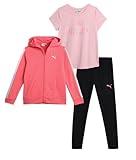 PUMA Girls' Active Leggings Set - 3 Piece Fleece Hoodie, Active T-Shirt and Athletic Leggings - Girls Activewear Sets (S-L), Size Medium, Bright Pink